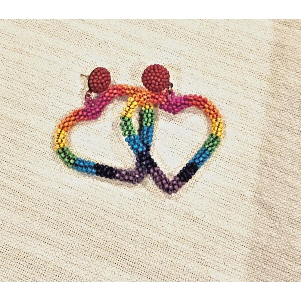 Rainbow Seed Bead Heart Earrings Colorful Statement Hoops Handmade Pride